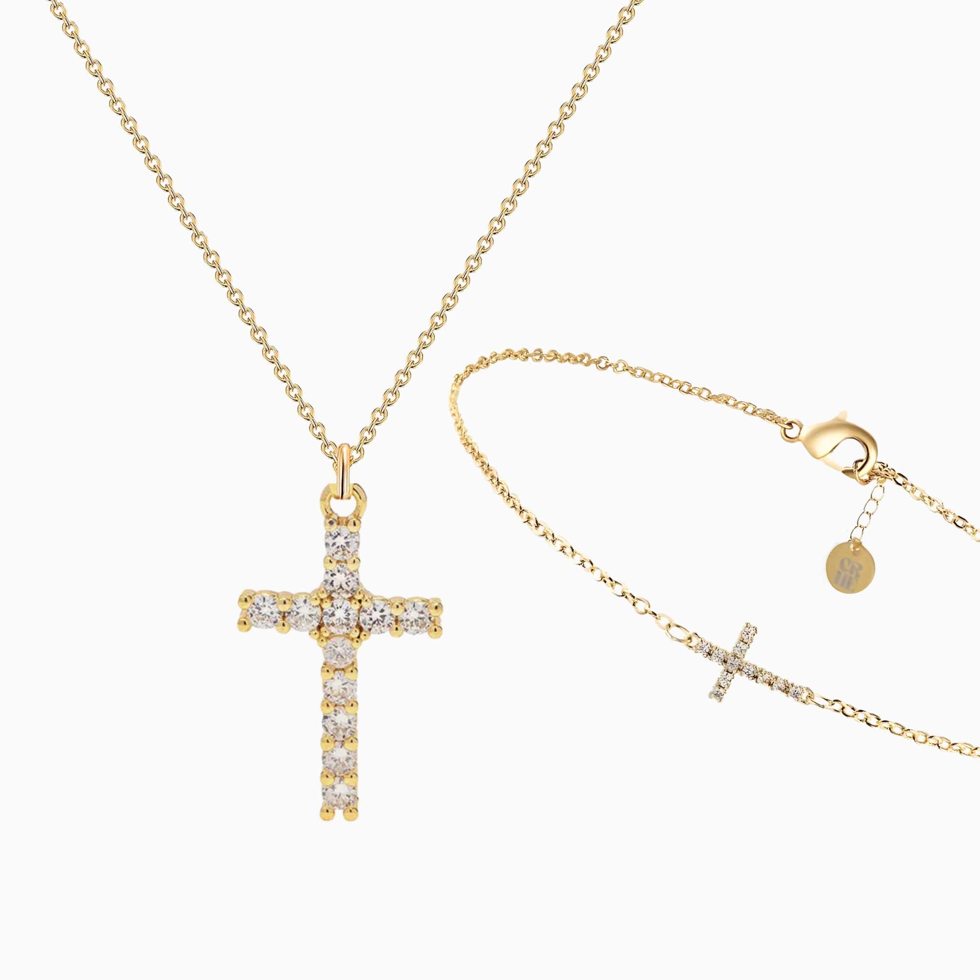 Set aus christlicher goldener 18k Kreuzkette mit passendem Kreuzarmband besetzt mit glitzernden Zirkonia Steinen