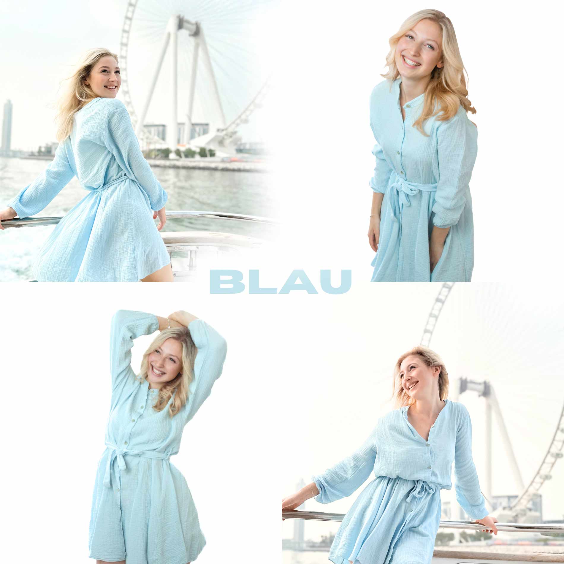 Hellblaues-Musselin kleid-mit-guertel kurzes Kleid