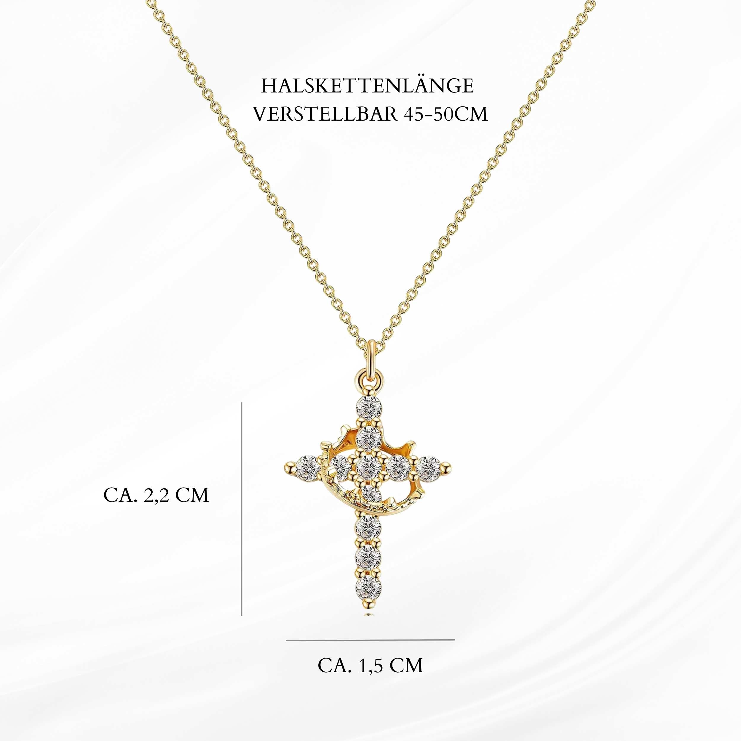 18k vergoldete Kreuzkette mit Krone drumherum. Das Kreuz ist mit Steinen besetzt. Die Halskette ist verstellbar und wasserfest sowie hypoallergen.