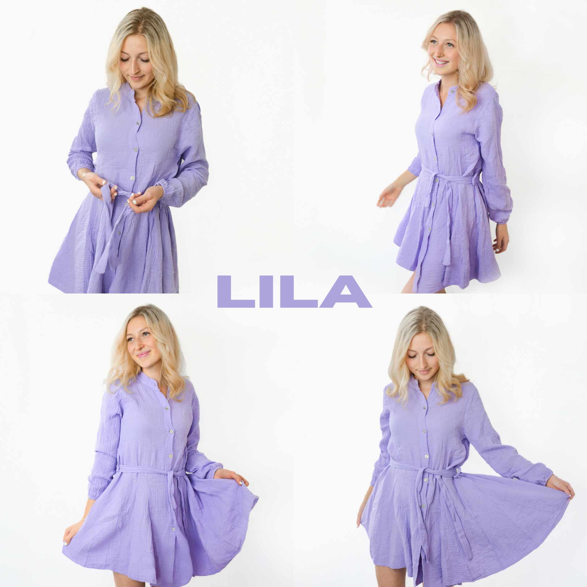 kurzes Kleid Frauen Damen Mädchen lila mit Gürtel und langarm