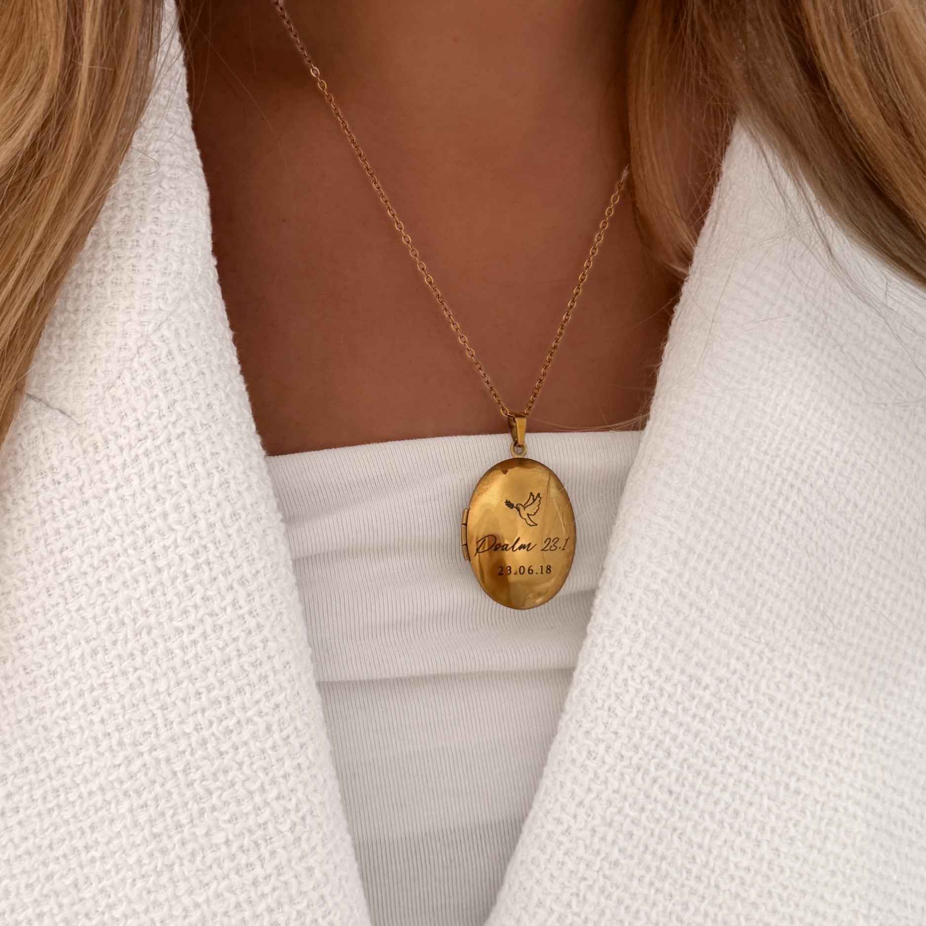 Medaillon Halskette aufklappbar für Foto mit Gravur Datum Bibelvers christlich Geschenk zur Taufe Kommunion Konfirmation