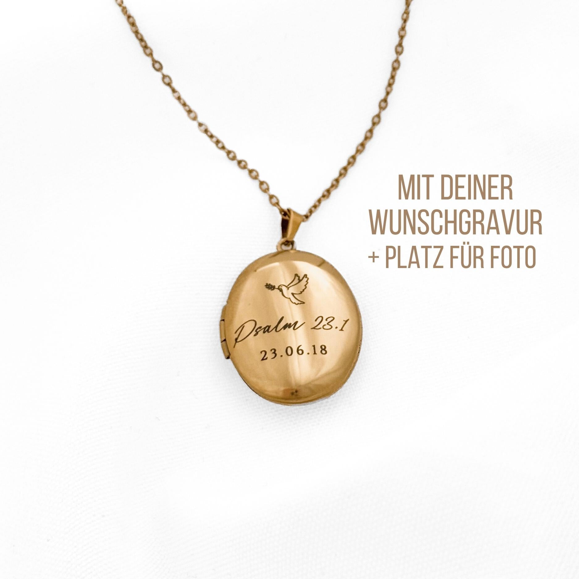 Personalisierte Halskette mit Bibelvers Gravur auf aufklappbarem Amulett vergoldet Geschenk zur Taufe mit Taufvers