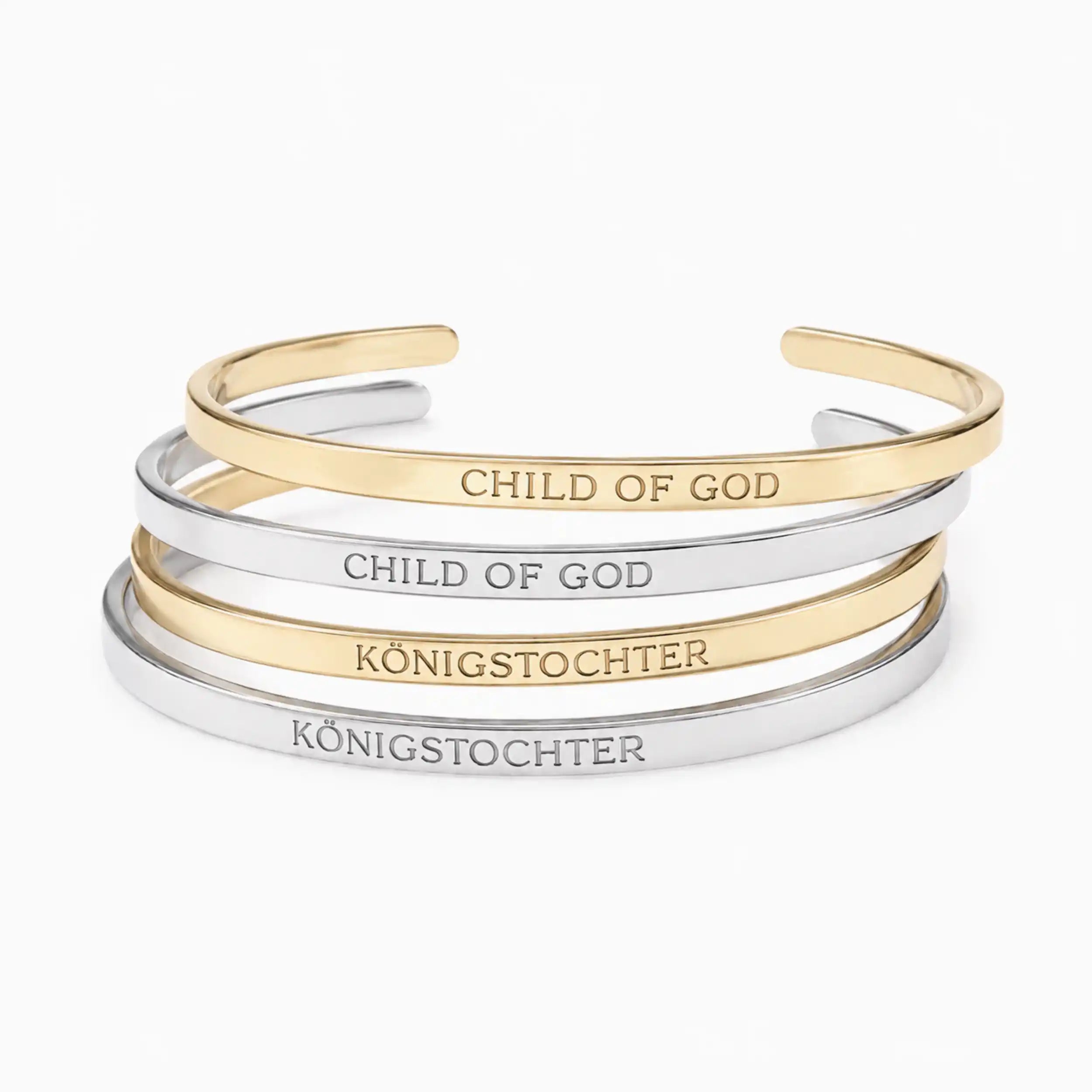 Christlicher Armreif mit Gravur Child of God in silber und Gold wasserfest und verstellbar für breite Armgelenke und allergische Haut geeignet
