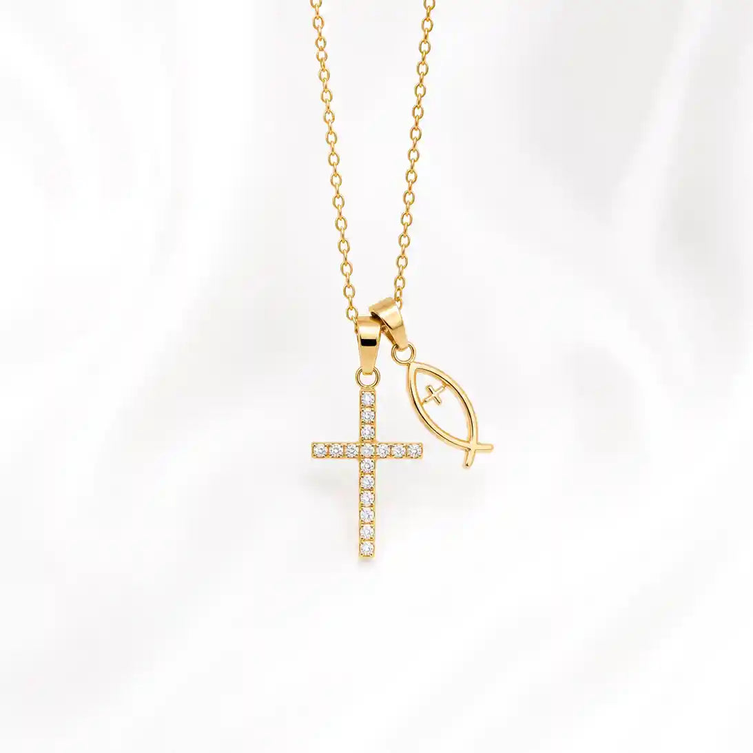 Christliche Halskette gold mit Fisch und Kreuz Anhaenger
