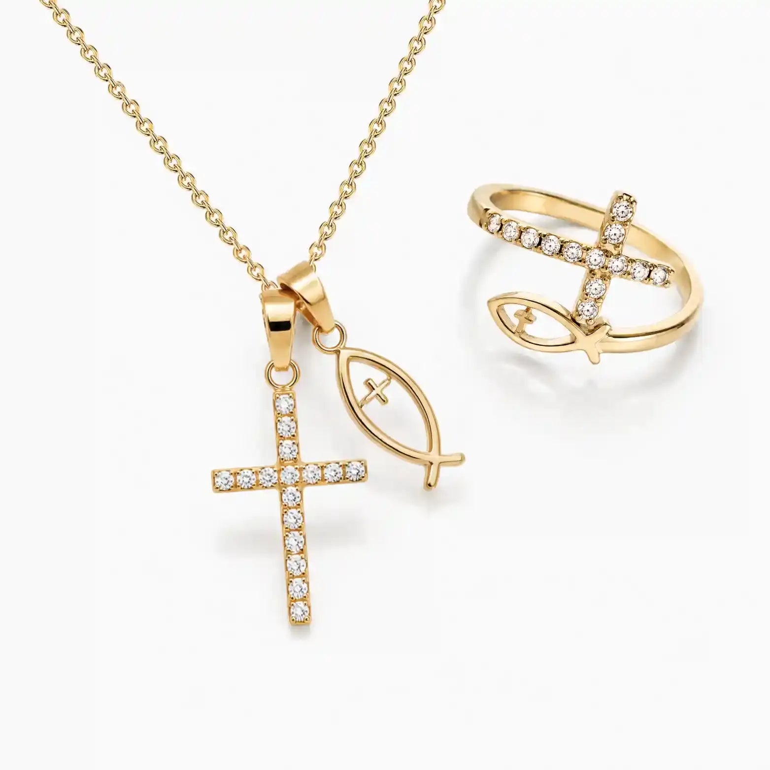 Christliche Ichthys Fisch und Kreuz Halskette vergoldet, besetzt mit zirkonia Steinen mit passendem Ring im Set