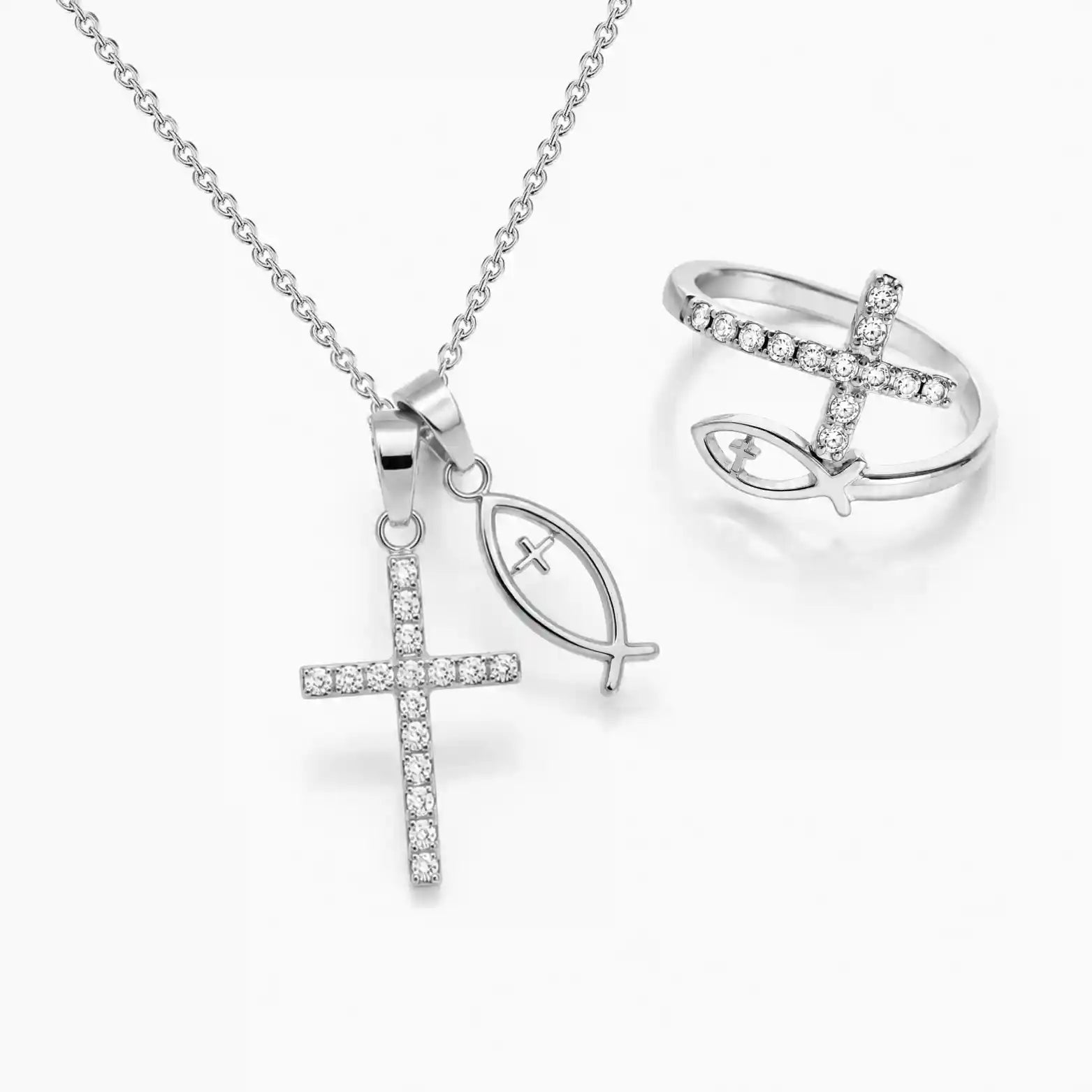 Christliche Fisch und Kreuz Halskette mit verstellbarem Ring und Zirkonia Steinen in silber
