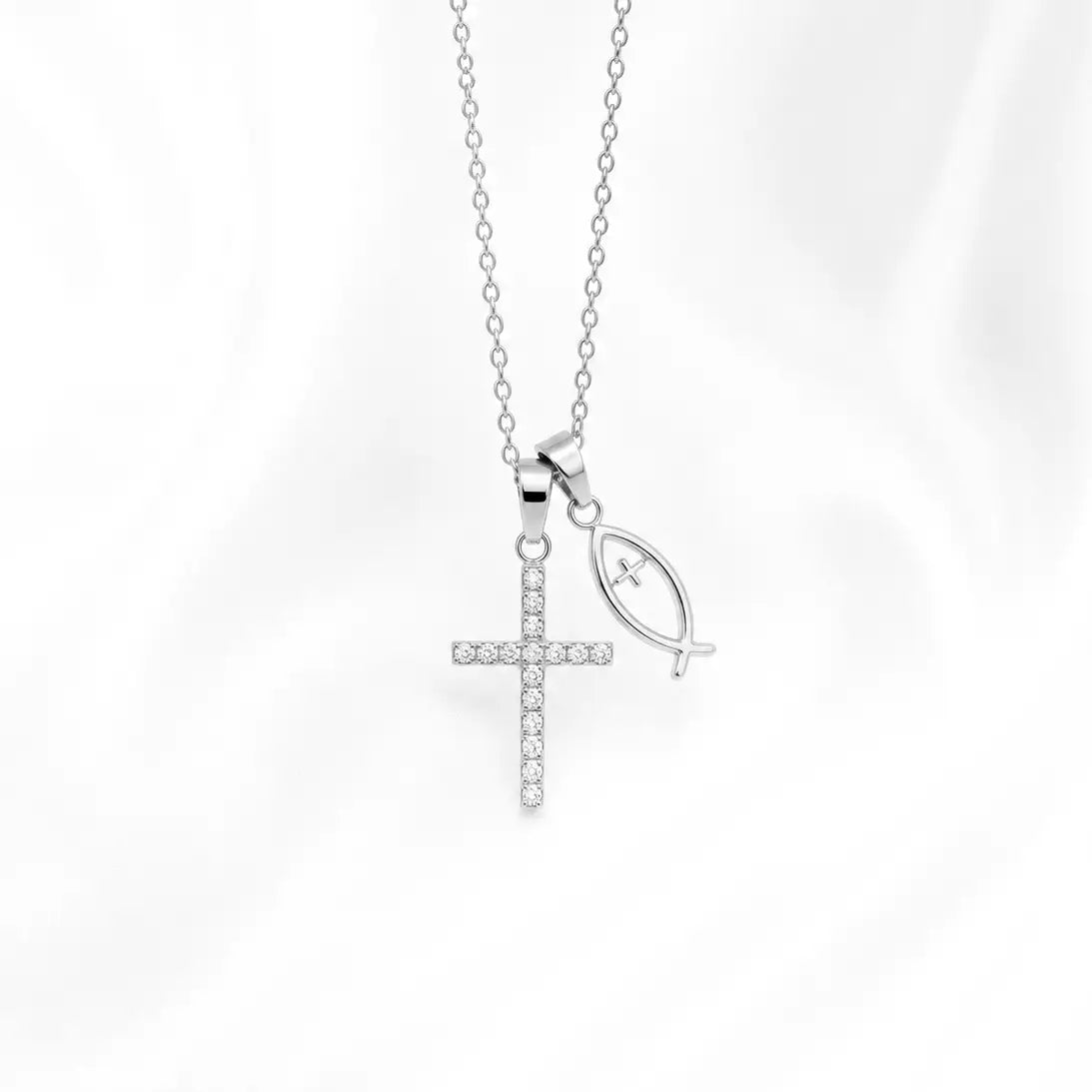 Halskette silber mit Kreuz Fisch Anhaenger