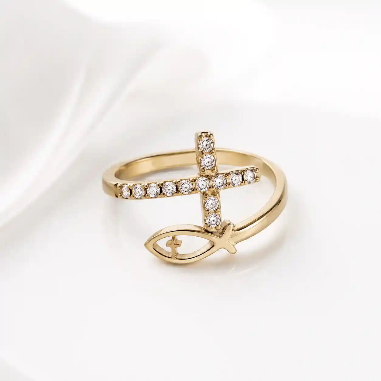 Fisch Kreuz Ring gold mit Zirkonia steinen, wasserfest und vergoldet