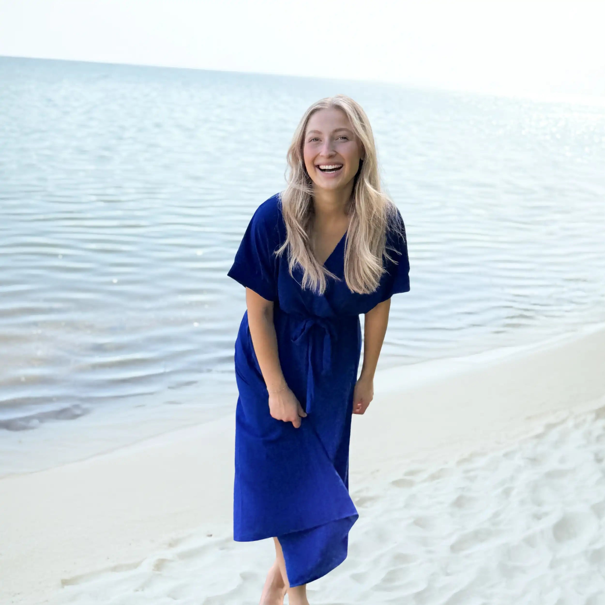 Sommer Guertelkleid koenigsblau navy royal mit Bindeguertel fuer Frauen
