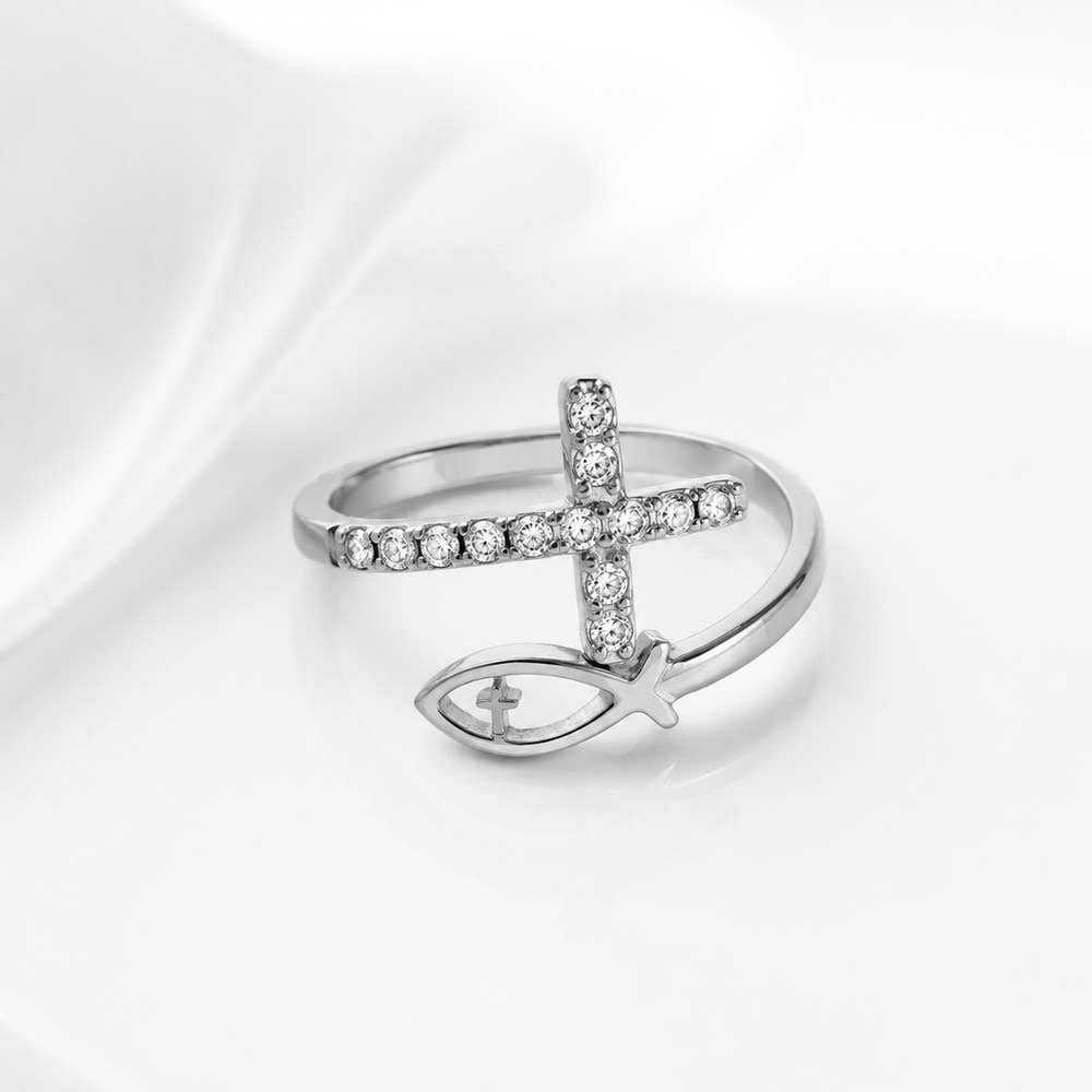 Kreuz Fisch Ring silber Edelstahl wasserfest